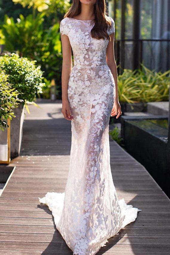 Mermaid Wedding Dresses Jewel Lace Tulle Short Sleeve Bridal Gowns Country Plus Size Sweep Train