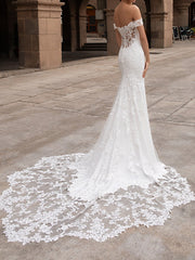 Mermaid Wedding Dresses Off Shoulder Short Sleeve Bridal Gowns Simple Plus Size Court Train