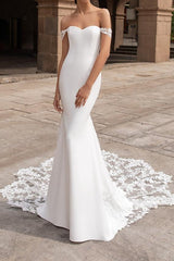 Mermaid Wedding Dresses Off Shoulder Short Sleeve Bridal Gowns Simple Plus Size Court Train