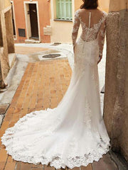 Mermaid Wedding Dresses V-Neck Tulle Polyester Long Sleeve Bridal Gowns Country Plus Size Sweep Train