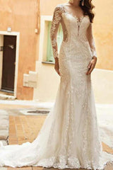 Mermaid Wedding Dresses V-Neck Tulle Polyester Long Sleeve Bridal Gowns Country Plus Size Sweep Train
