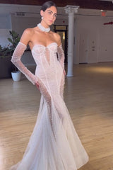 Mermaid Sweetheart Beach Wedding Dress Ivory Long Lace Up Back Bridal Gown
