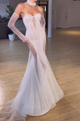 Mermaid Sweetheart Beach Wedding Dress Ivory Long Lace Up Back Bridal Gown
