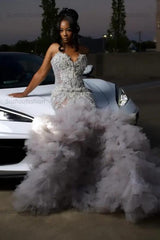 Mermaid Sweetheart Prom Dress Ruffled Sleeveless Formal Evening Gown with Rhinestones and Beadings