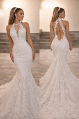 Mermaid Halter Neck Wedding Dress Ivory Long Bridal Gown With Appliques Lace