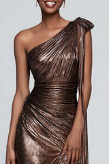 Suzhoufashion Metallic Brown One Shoulder Long Mermaid Prom Dress With Slit