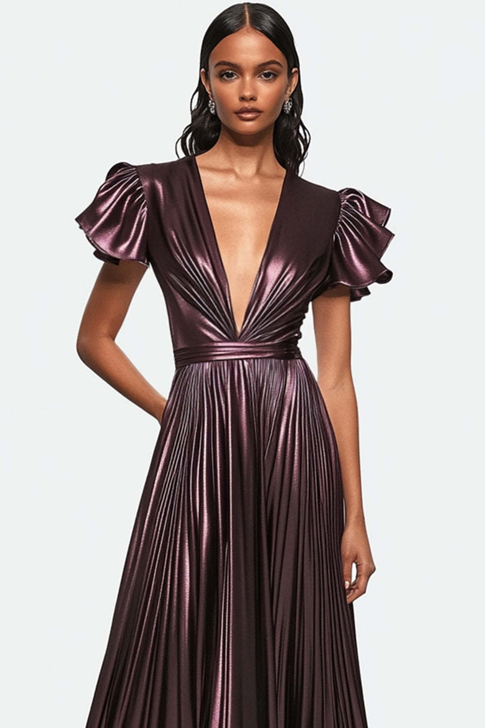 Suzhoufashion Metallic Dusty Purple Wedding Guest Dress V-Neck Pleated Satin Formal Dress Suzhoufashion Metallic Dusty Purple Wedding Guest Dress V-Neck Pleated Satin Formal Dress