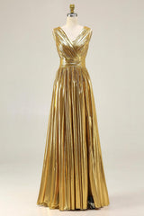 Suzhoufashion Metallic Gold Ruched V-Neck A-Line Long Prom Dress With Slit