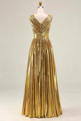 Suzhoufashion Metallic Gold Ruched V-Neck A-Line Long Prom Dress With Slit