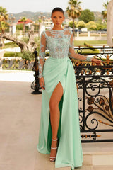 Mint Green Prom Dress Front Split Long Mermaid Evening Formal Dress Long Sleeves With Appliques