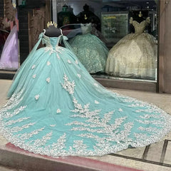 Mint Green Quinceanera Dresses Ball Gown 2024 Glitter Tulle Sweetheart 3D Flowers Lace Appliques Beaded Sweet 16 Dress For Women