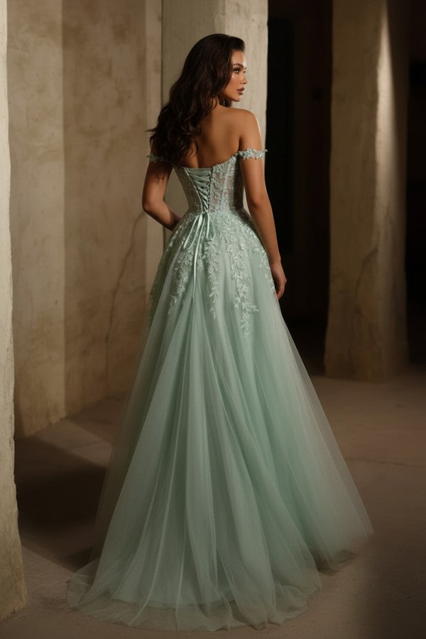 Mint Green Tulle A Line Prom Dress with Off Shoulder Lace Straps