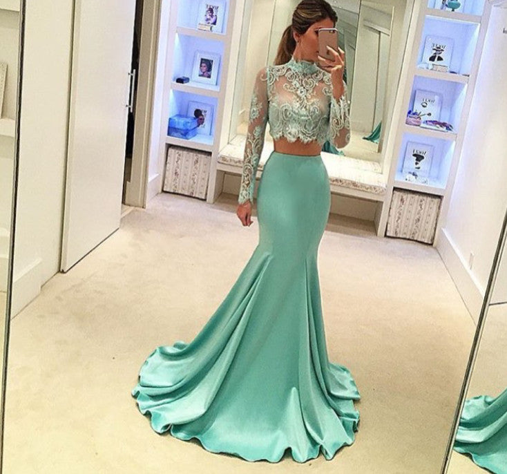 Mint Long Sleeves Mermaid Long Two Piece High Neck Prom Dresses AN0