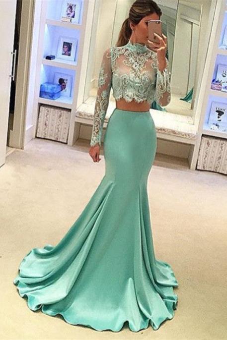 Mint Long Sleeves Mermaid Long Two Piece High Neck Prom Dresses AN0
