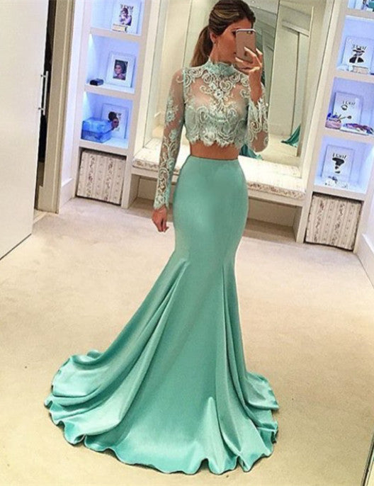 Mint Long Sleeves Mermaid Long Two Piece High Neck Prom Dresses AN0