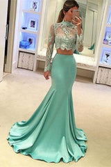 Mint Long Sleeves Mermaid Long Two Piece High Neck Prom Dresses AN0