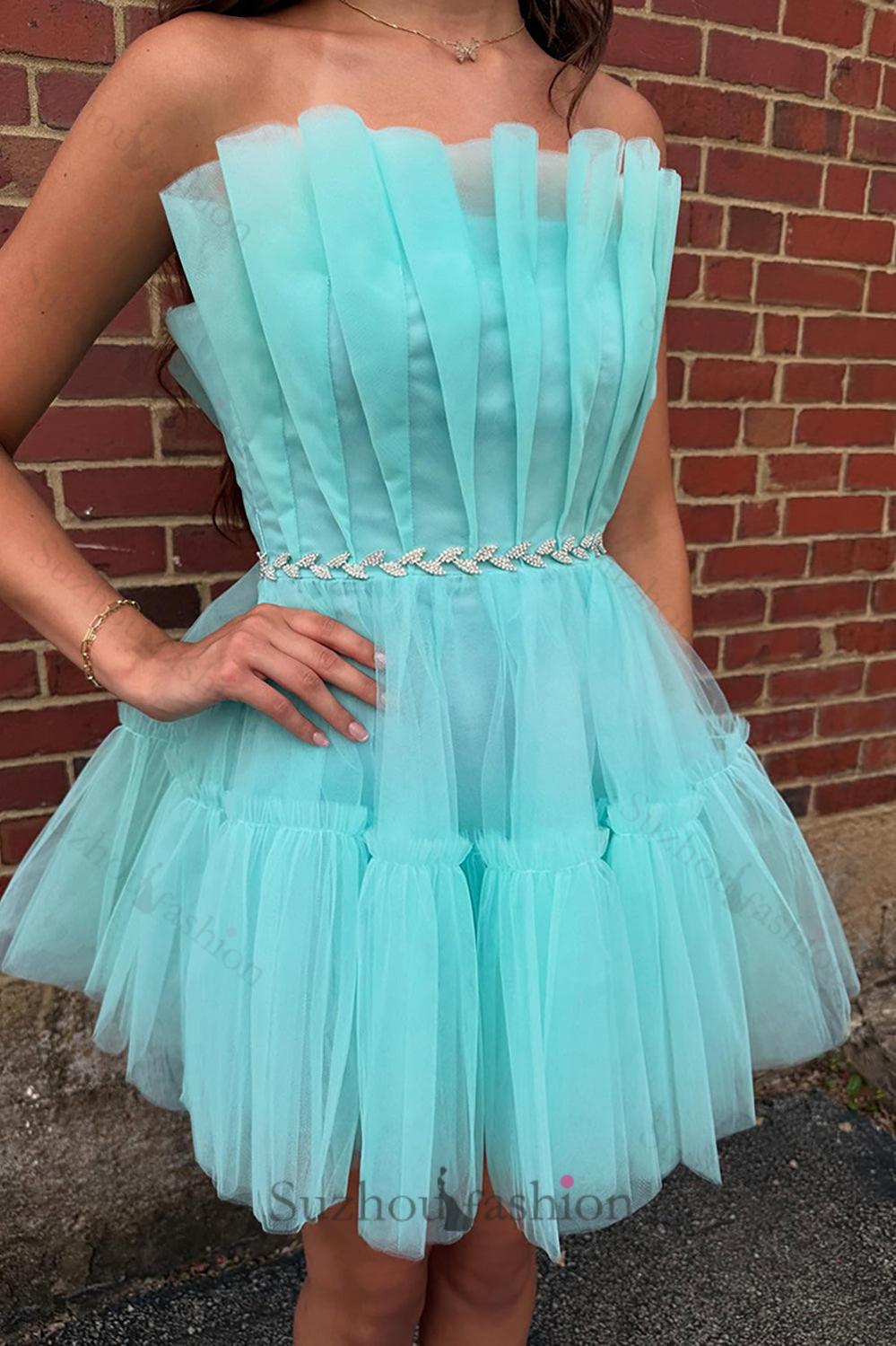 mint blue homecoming dress A-line Halter Short Mint Satin Homecoming Dress with Ruched US6 / As Picture