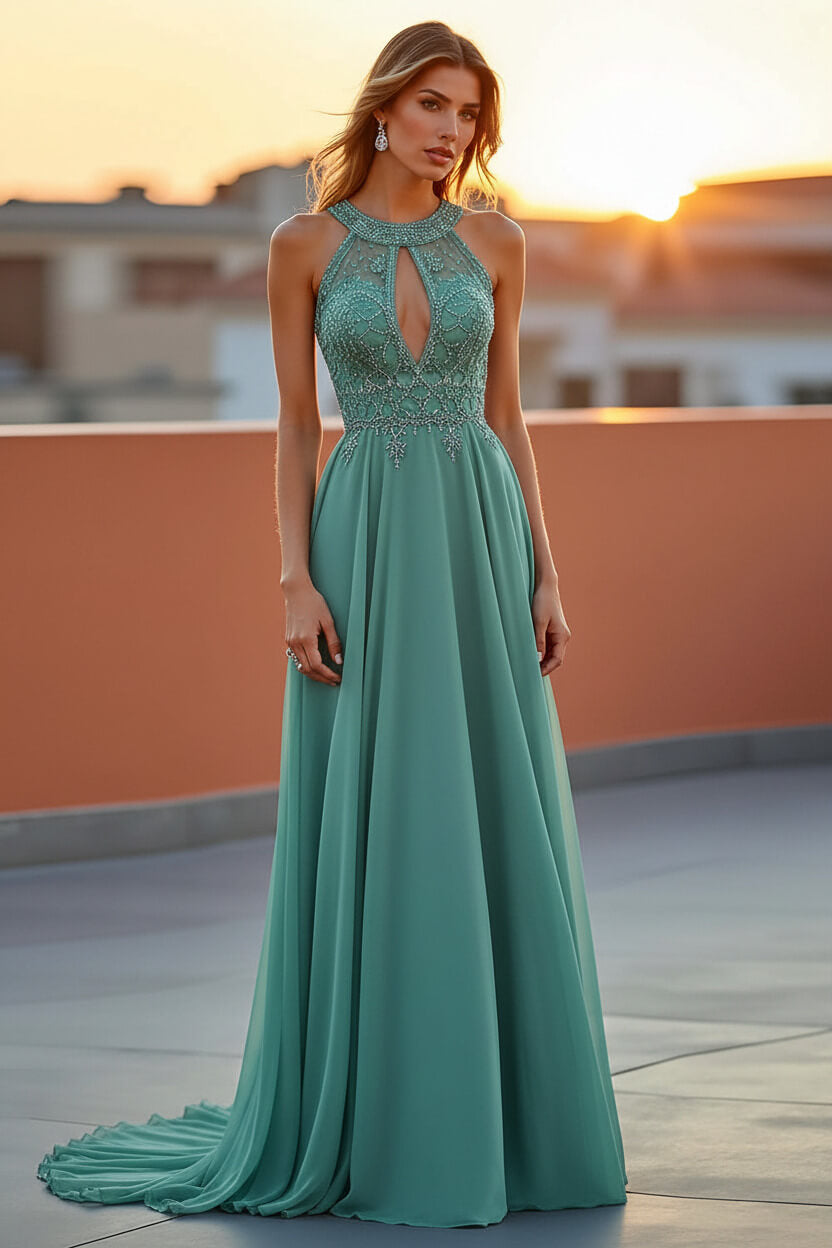 Beaded Navy Wedding Guest Dress Halter Long Formal Dress With Embroideries