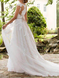 Modern A-Line Wedding Dress V-Neck Lace Tulle Straps Bridal Gowns Formal Illusion Detail with Sweep Train