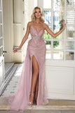Modern Blushing Pink Sweetheart Sleeveless Mermaid Lace Prom Dresses with Split