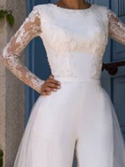 Modern Jumpsuits Wedding Dress Jewel Lace Tulle Long Sleeves Bridal Gowns with Court Train