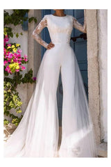 Modern Jumpsuits Wedding Dress Jewel Lace Tulle Long Sleeves Bridal Gowns with Court Train