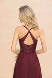 Modern Lace Spaghetti Straps Bridesmaid Dresses Sleeveless With Side Slit