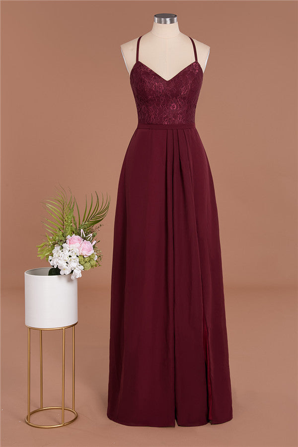 Modern Lace Spaghetti Straps Bridesmaid Dresses Sleeveless With Side Slit