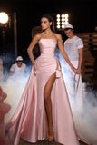 Modern Long Pink Sleeveless Satin Prom Dresses With Split