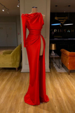 Modern Long Red Mermaid Split Prom Dress With Long Sleeve