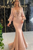 Modern Long Sleeves Mermaid Satin Prom Dresses with Appliques