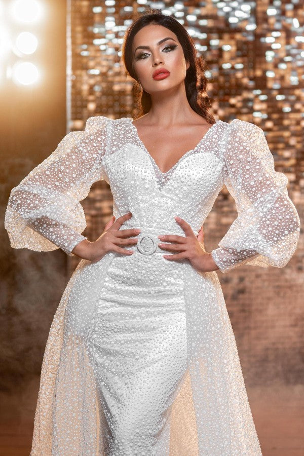 Modern Long V-Neck Glitter Bridal Dress With Long Sleevess