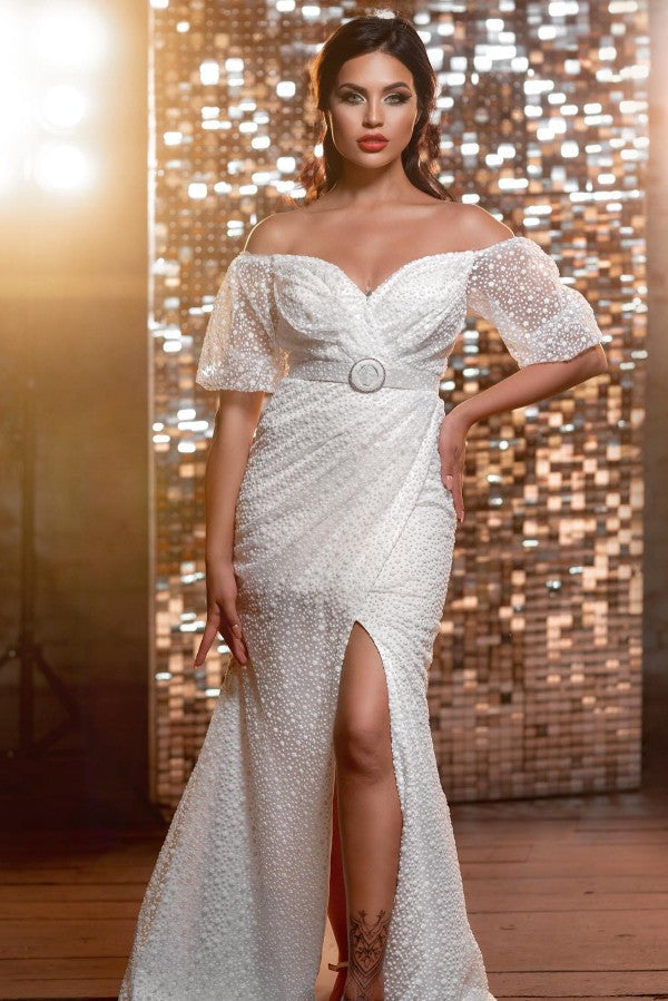 Modern Long V-Neck Glitter Bridal Dress With Long Sleevess