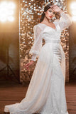 Modern Long V-Neck Glitter Bridal Dress With Long Sleevess