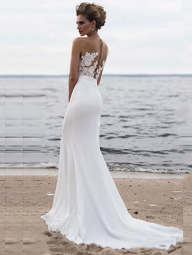 Modern Mermaid Beach Wedding Dress Jewel Chiffon Lace Straps Sexy See-Through Bridal Gowns with Chapel Train