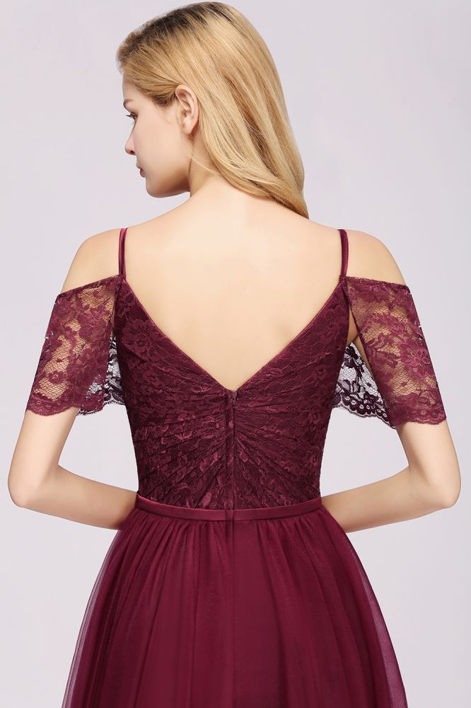 Modern Off the Shoulder Burgundy Aline Bridesmaid Dress Long Tulle