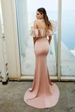Modern Off-the-shoulder Evening Dress Long Pink Lace Prom Dresses Split Long