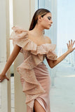 Modern Off-the-shoulder Evening Dress Long Pink Lace Prom Dresses Split Long