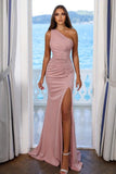Modern One Shoulder Holiday Dress Long Pink Prom Dresses Split Online