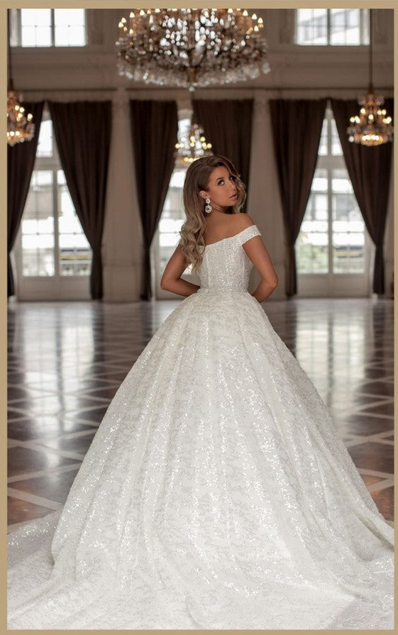 Modern Princess Long White Off-the-Shoulder Glitter Long Bridal Dress