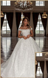 Modern Princess Long White Off-the-Shoulder Glitter Long Bridal Dress