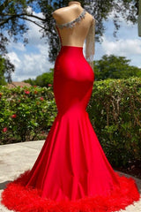 Modern Ruby Tassel Asymmetrical One Shoulder Satin Mermaid Prom Dresses with Ruffles