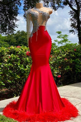 Modern Ruby Tassel Asymmetrical One Shoulder Satin Mermaid Prom Dresses with Ruffles