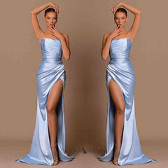 Modern Sky Blue Strapless Mermaid Evening Prom Dresses Slit Long Online