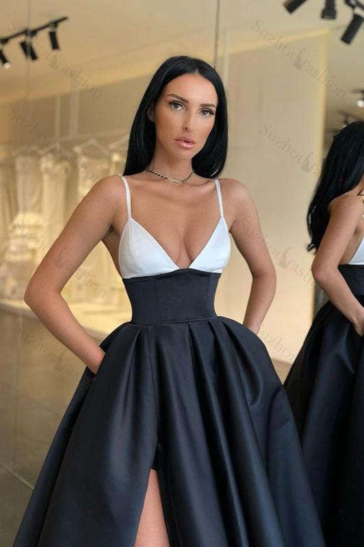 Modern Spaghetti-Straps Black and White Evening Prom Dresses Long With Slit