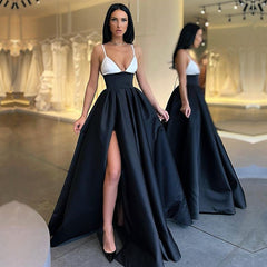 Modern Spaghetti-Straps Black and White Evening Prom Dresses Long With Slit