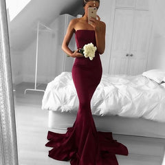 Modern Sweep-Train Burgundy Strapless Mermaid Sleeveless Prom Dress BA5124