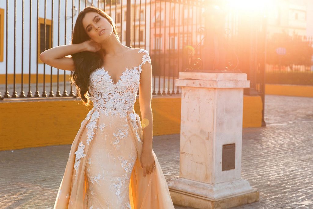 Modern Tulle Overskirt Court Train Mermaid Lace Champagne Wedding Dresses for Bride Online | Suzhoufashion Modern Tulle Overskirt Court Train Mermaid Lace Champagne Wedding Dresses for Bride Online | Suzhoufashion
