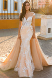 Modern Tulle Overskirt Court Train Mermaid Lace Champagne Wedding Dresses for Bride Online