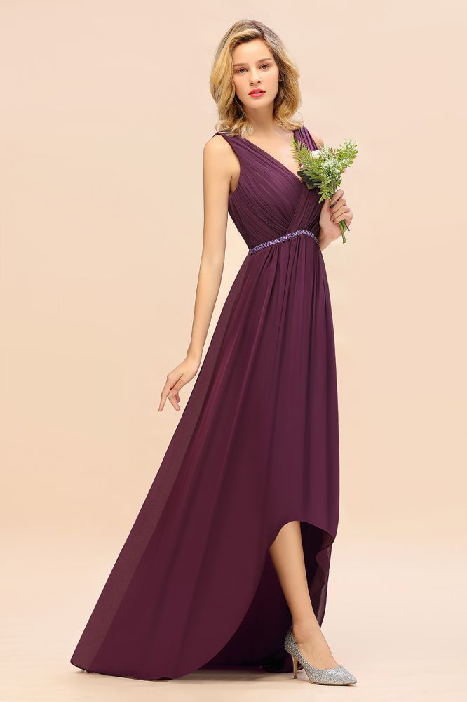 Modern V-Neck Hi-Lo Party Dress Elegant Beads Chiffon Bridesmaid Dress
